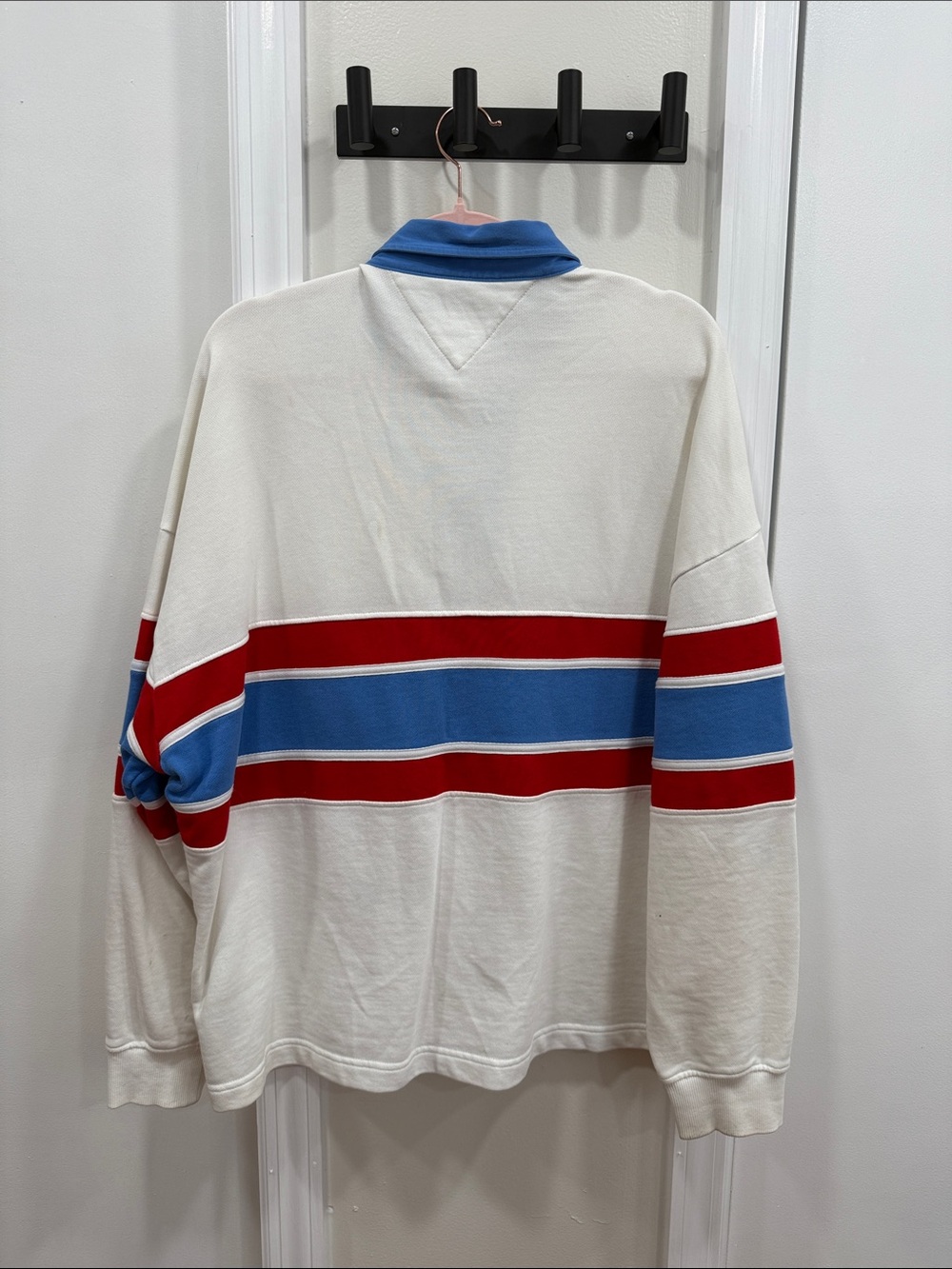 Tommy Hilfiger Cream Rugby Polo with Blue Collar and Red & Blue Chest Stripes - Picture 3 of 5